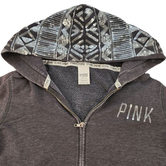 Victorias Secret Pink Sweater Womens XS Gray Silver Sequin Sparkly Full Zip - Picture 9 of 16